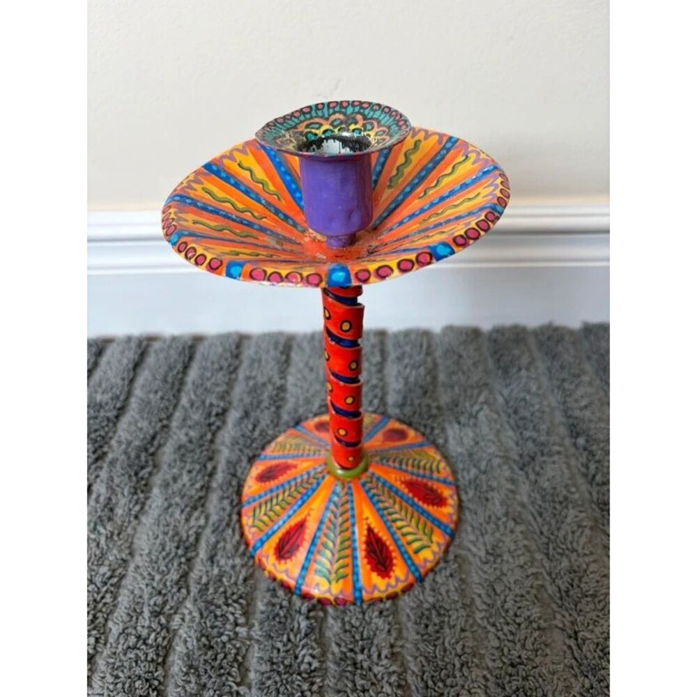 Mexican Folk Art Style Painted Metal Candlestick Holder Bright Vibrant Orange